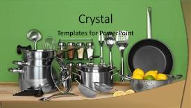  Presentation with cooking utensils - Cool new PPT layouts with cooking classes on wooden table backdrop and a seafoam green colored foreground