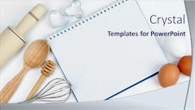  Presentation with baking tools - Audience pleasing presentation theme consisting of cooking concept basic baking ingredients and kitchen tools close up backdrop and a sky blue colored foreground