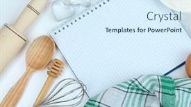  Presentation with baking tools - Colorful slide set enhanced with cooking concept basic baking ingredients and kitchen tools close up backdrop and a sky blue colored foreground