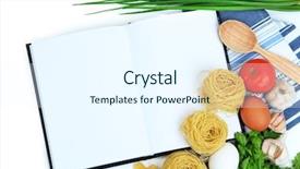  Presentation with cookbook - Audience pleasing slide set consisting of cooking concept groceries with empty cookbook close up backdrop and a sky blue colored foreground