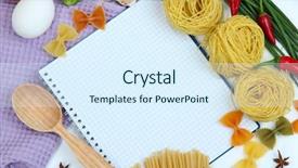  Presentation with cookbook - Colorful presentation design enhanced with cooking concept groceries with empty cookbook close up backdrop and a sky blue colored foreground