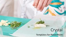  Presentation with chef - Colorful presentation design enhanced with cooking fish - chef at work backdrop and a  colored foreground