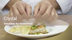  Presentation with food and brain - Slides enhanced with cooking fish - closeup midsection of a chef background and a coral colored foreground