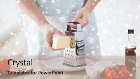  Presentation with cooking oil - Colorful theme enhanced with cooking food people and home concept - close up of male hands with grater vegetables and olive oil grating cheese in kitchen backdrop and a coral colored foreground