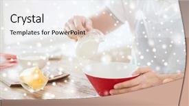  Presentation with cooking - Theme having cooking food people and home concept - close up of man pouring milk to bowl background and a sky blue colored foreground