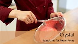  Presentation with pastry cream - Colorful slide set enhanced with cooking food and people concept backdrop and a coral colored foreground