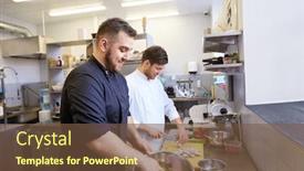  Presentation with restaurant kitchen - Amazing PPT theme having cooking food profession and people concept - happy male chef and cook with knife chopping champignons and making salad at restaurant kitchen backdrop and a tawny brown colored foreground