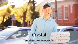  Presentation with delivery boy - Cool new PPT theme with cooking free template - pizza delivery boy holding boxes backdrop and a light blue colored foreground