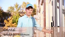 Presentation with delivery boy - PPT theme having cooking free template - pizza delivery boy holding boxes background and a  colored foreground