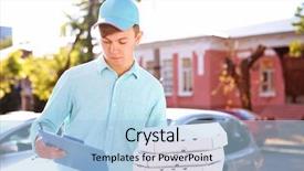  Presentation with delivery boy - Slide deck consisting of cooking free template - pizza delivery boy holding boxes background and a light blue colored foreground