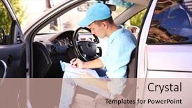  Presentation with delivery boy - PPT theme featuring cooking free template - pizza delivery boy with tablet background and a  colored foreground