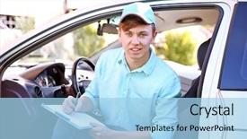  Presentation with free cooking - PPT theme enhanced with cooking free template - pizza delivery boy with tablet background and a  colored foreground