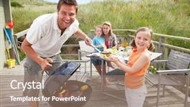  Presentation with family dreams of vacation - PPT theme featuring cooking fun - family on vacation having barbecue background and a coral colored foreground