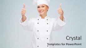  Presentation with cooking chef - Beautiful slide deck featuring cooking gesture and food concept - smiling female chef cook or baker showing thumbs up over gray background backdrop and a light gray colored foreground