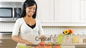  Presentation with black woman - Beautiful presentation design featuring cooking healthy - smiling black woman cutting vegetables backdrop and a coral colored foreground