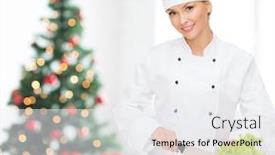  Presentation with christmas food - Slides consisting of cooking holidays people and food concept - smiling female chef chopping vegetables over living room with christmas tree background background and a sky blue colored foreground