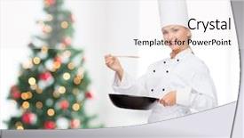  Presentation with christmas food - Colorful PPT layouts enhanced with cooking holidays people and food concept - smiling female chef with pan and spoon tasting food over living room and christmas tree background backdrop and a white colored foreground