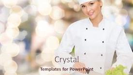  Presentation with cooking chef - Presentation having cooking holidays people and food concept - smiling female chef chopping vegetables over lights background background and a lemonade colored foreground