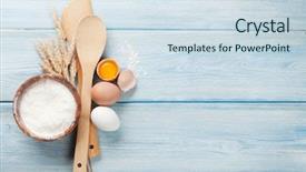  Presentation with pasta - PPT theme having cooking ingredients on wooden kitchen background and a sky blue colored foreground