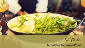  Presentation with restaurant kitchen - PPT theme with cooking kitchen and food concept - bowl of green salad or garnish at asian restaurant background and a yellow colored foreground