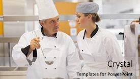  Presentation with soup - Amazing PPT theme having cooking learning - student and teacher discussing backdrop and a light gray colored foreground