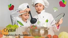  Presentation with cooking - Audience pleasing PPT theme consisting of cooking little boy and girl backdrop and a coral colored foreground