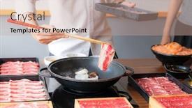  Presentation with wagyu - Slide deck with cooking-of-japanese-wagyu-beef background and a coral colored foreground