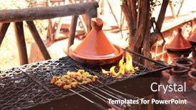  Presentation with ceramic - PPT layouts having cooking of meat in traditional moroccan ceramic tajine dish and grilled kebab shashlik marrakesh morocco background and a tawny brown colored foreground
