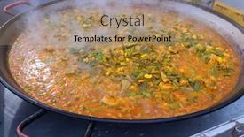  Presentation with cooking - Slide set having cooking paella typical from valencia spain recipe with rice beans chicken and good hand background and a coral colored foreground