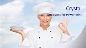  Presentation with cooking chef - Presentation having cooking people and gesture concept - smiling female chef cook or baker with plate showing ok sign over blue sky and grass background background and a sky blue colored foreground