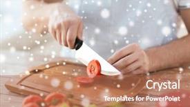  Presentation with vegetarian - PPT layouts enhanced with cooking people vegetarian food and home concept - close up of man chopping tomato and other vegetables on cutting board with big knife background and a coral colored foreground
