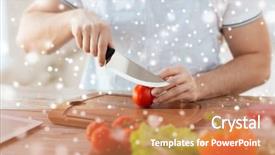  Presentation with vegetarian - Presentation design having cooking people vegetarian food and home concept - close up of man chopping tomato and other vegetables on cutting board with big knife background and a coral colored foreground