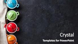  Presentation with stone - Theme consisting of cooking pot - colorful saucepans on stone table background and a dark gray colored foreground