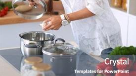 Presentation with kitchen remodelig - Slide deck featuring cooking pot - young woman standing background and a gray colored foreground