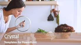  Presentation with kitchen - Slide deck having cooking pot - young woman standing background and a coral colored foreground