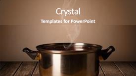  Presentation with old wooden table food - PPT theme enhanced with cooking pot on old wooden background and a coral colored foreground