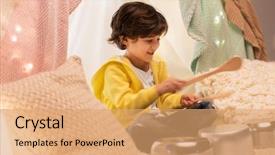  Presentation with music kids - Colorful presentation design enhanced with cooking pots playing music backdrop and a coral colored foreground