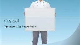 Presentation with cooking chef - Amazing presentation theme having cooking profession advertisement and people concept - happy male chef cook holding and showing white blank big board over blue background backdrop and a light blue colored foreground
