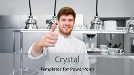  Presentation with cooking chef - Cool new theme with cooking profession and people concept - happy male chef cook at restaurant kitchen showing thumbs up backdrop and a light gray colored foreground