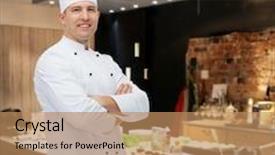  Presentation with cooking chef - PPT theme consisting of cooking profession and people concept - happy male chef cook with crossed hands over restaurant kitchen background and a coral colored foreground