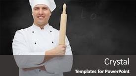  Presentation with chalk board - Presentation design enhanced with cooking profession and people concept - happy male chef cook holding rolling pin over black chalk board background background and a dark gray colored foreground