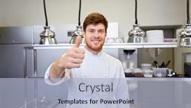  Presentation with restaurant kitchen - Presentation consisting of cooking profession and people concept - happy male chef cook at restaurant kitchen showing thumbs up background and a light blue colored foreground