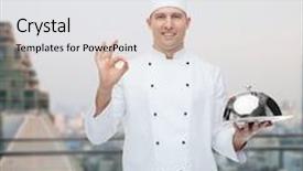  Presentation with cooking chef - Theme featuring cooking profession gesture and people concept - happy male chef cook holding cloche and showing ok sign over city restaurant lounge background background and a white colored foreground