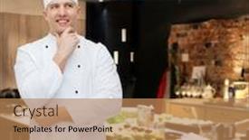  Presentation with inspiration - Theme enhanced with cooking profession inspiration and people concept - happy male chef cook thinking over restaurant kitchen background and a coral colored foreground