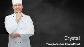  Presentation with inspiration - Slide deck having cooking profession inspiration and people concept - happy male chef cook thinking over black chalk board background background and a dark gray colored foreground
