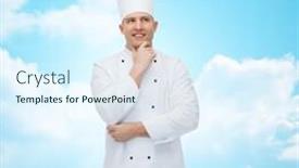  Presentation with inspiration - Presentation design having cooking profession inspiration and people concept - happy male chef cook thinking over blue sky with clouds background background and a sky blue colored foreground