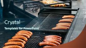  Presentation with barbecue - Amazing PPT layouts having cooking sausages on barbecue backdrop and a ocean colored foreground