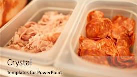  Presentation with restaurant kitchen - PPT theme having cooking storage and food concept background and a  colored foreground