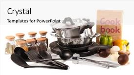  Presentation with kitchen tools and equipment - Theme featuring cooking utensils - composition of kitchen tools spices background and a white colored foreground