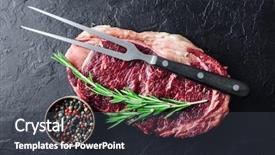  Presentation with steak - Theme enhanced with cooking utensils - marbling ribeye steak on black background and a dark gray colored foreground